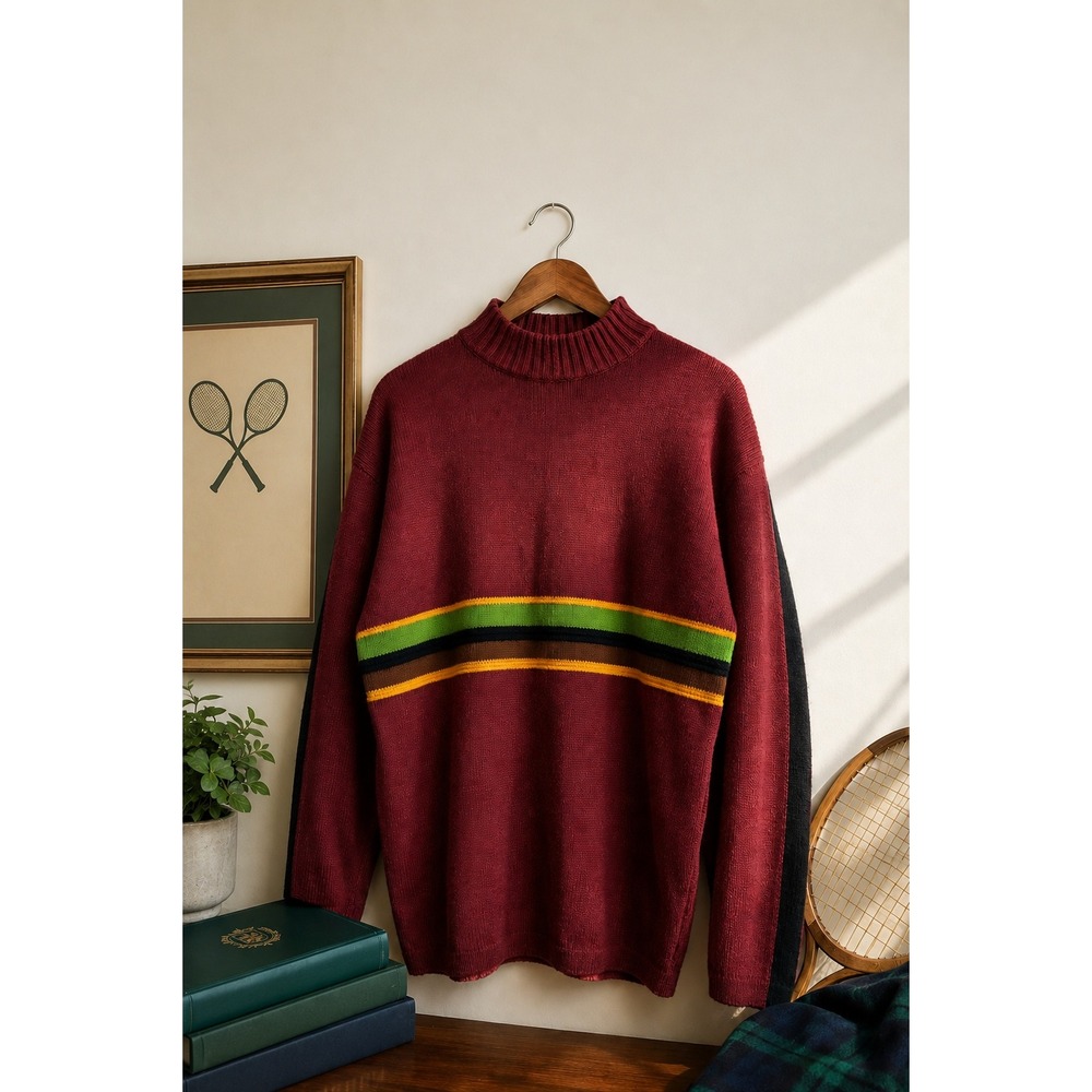 Vintage‎ Wool Blend Mock Neck Striped Sweater Burgundy Oversized Grandpa Core L